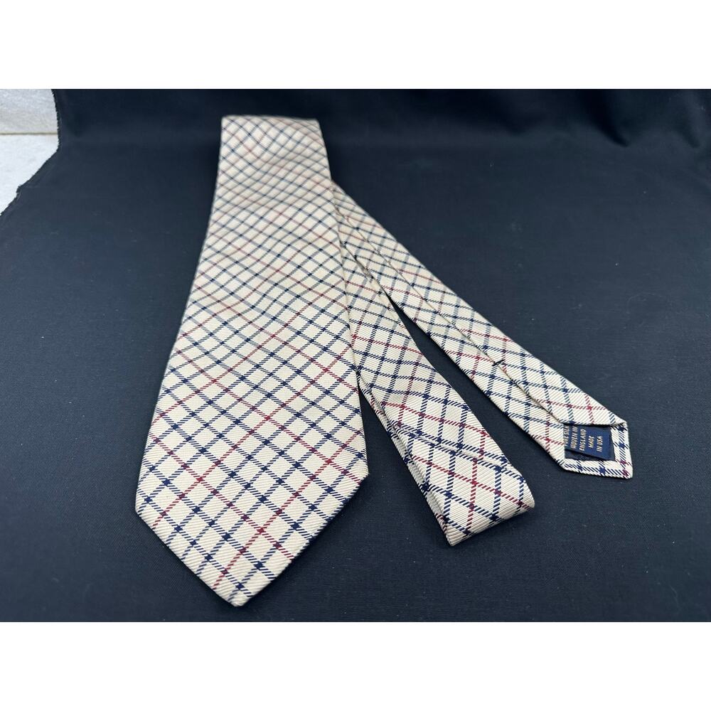 Brooks Brothers 100% Silk in Cream Burgundy Blue Plaid Workwear Quiet Luxury